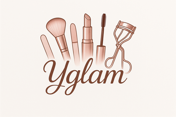 logo avec des outils pour la beauté et écrire Yglam